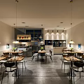 Modern Restaurant Interior With Dining Tables Chairs Pendant Lights And Open Kitchen