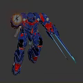 Blue And Red Robot Character Running With Flame And Blue Sword In Motion