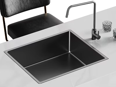 Modern Double Bowl Stainless Steel Sink with Tall Faucet and Glass Cups on Countertop 3d model