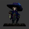 Detailed Fantasy Wizard Statue With Feathered Hat Cloak Lantern And Blue Glowing Base