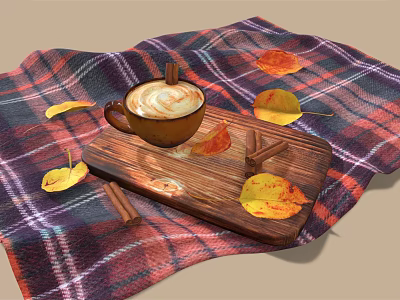 Latte Coffee On Wooden Tray Over Plaid Blanket Surrounded By Autumn Leaves And Cinnamon Sticks 3d model