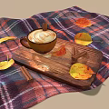 Latte Coffee On Wooden Tray Over Plaid Blanket Surrounded By Autumn Leaves And Cinnamon Sticks