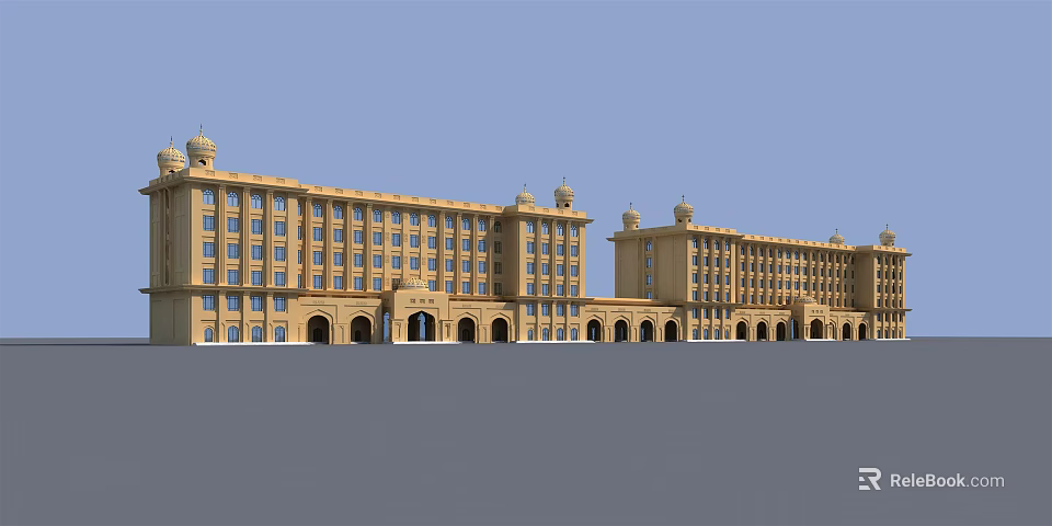 Grand Yellow Classical Building With Domes Arched Doorways And Symmetrical Design 3d model 