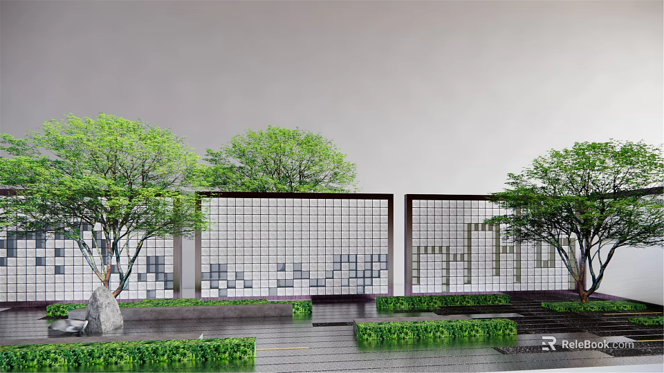 Modern Landscape Feature Wall with Grid Pattern Green Trees and Stone Path 3d model