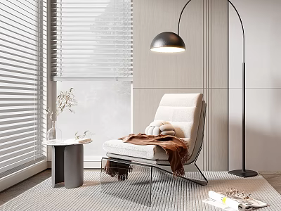 Modern Single Seater Sofa with Blanket Pillow Floor Lamp Side Table on Rug by Window 3d model