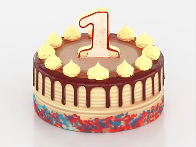 Birthday Cake With Number One Decoration Yellow Buttercream Swirls Chocolate Drizzle And Red Blue Trim 3d model