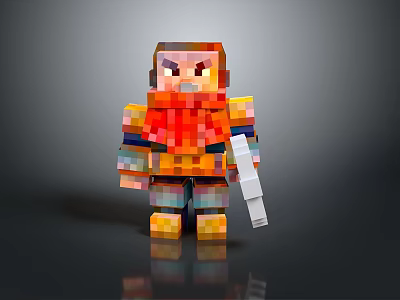 Pixel Art Armored Character With Orange Armor Holding White Weapon On Gradient Background 3d model