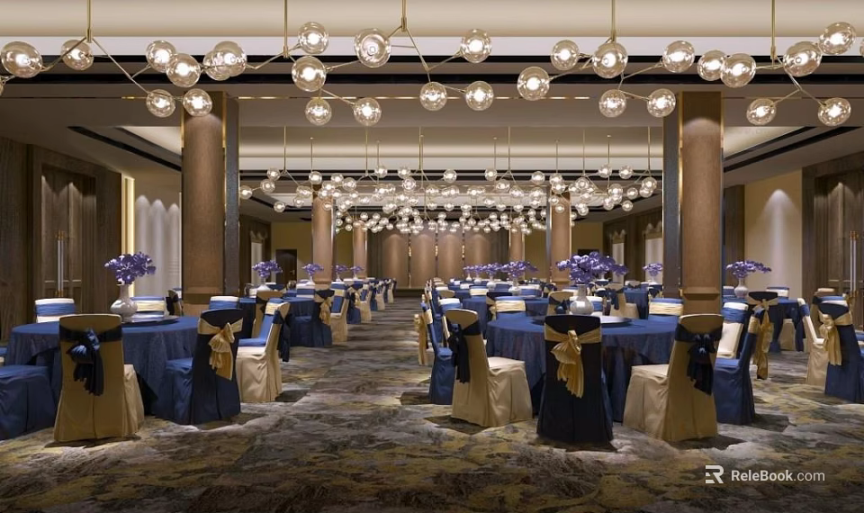 Elegant Banquet Hall With Round Chandeliers Blue Tablecloths And Decorative Chair Sashes 3d model 