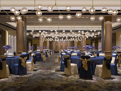 Elegant Banquet Hall With Round Chandeliers Blue Tablecloths And Decorative Chair Sashes 3d model