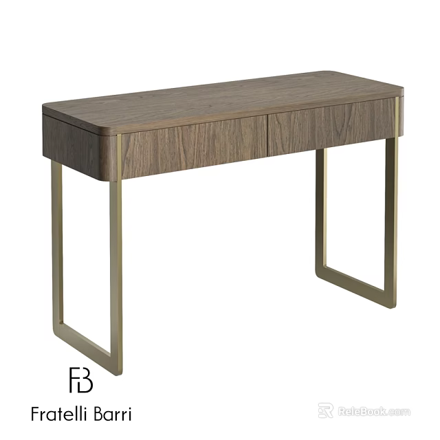 Modern Walnut Dining Table With Two Drawers And Brass Metal Legs 3d model 