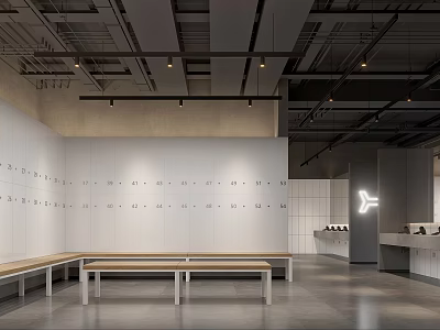 Modern Interior Space With White Walls Wooden Benches And Star Shaped Sign 3d model