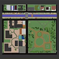 Cartoon Scene Model With Various Buildings Green Park And Streets