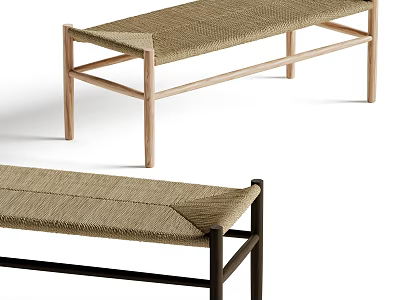 Minimalist Modern Public Bench with Woven Rattan Seat and Light Dark Wooden Frames Design 3d model