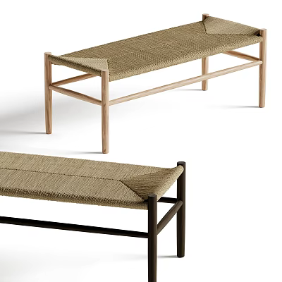 Minimalist Modern Public Bench with Woven Rattan Seat and Light Dark Wooden Frames Design 3d model