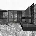 Modern Detached Villa With Large Glass Windows Overhanging Terrace And Rocky Mountain Surroundings