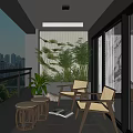 Modern Home Balcony With Wooden Chairs Wicker Stools Green Plant Wall And City View