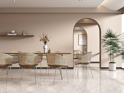 Elegant Restaurant Interior With Dining Table Wicker Chairs Archway And Potted Plant 3d model