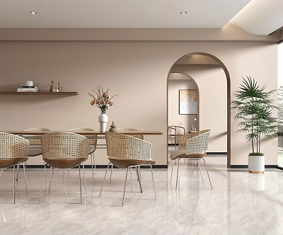 Elegant Restaurant Interior With Dining Table Wicker Chairs Archway And Potted Plant 3d model