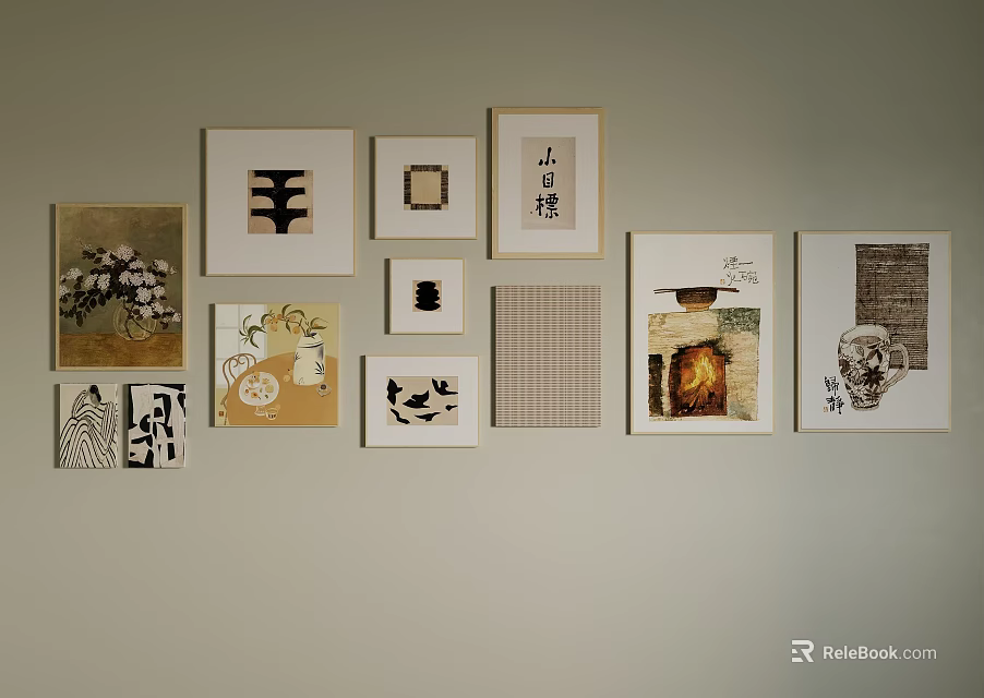 Interior Gallery Wall With Diverse Art Pieces On Neutral Wall 3d model