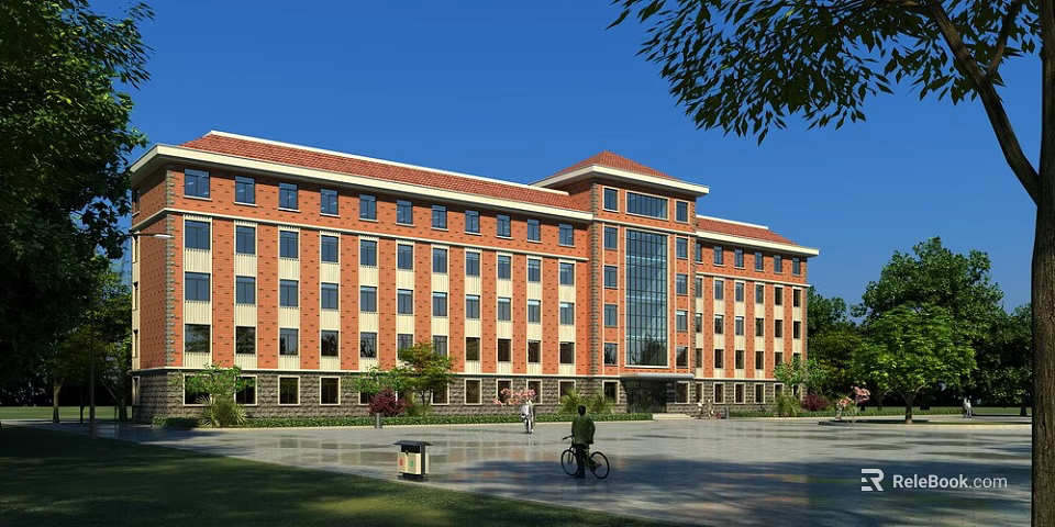 Red Brick Office Building With Multiple Windows Front Plaza Green Plants And Blue Sky 3d model 