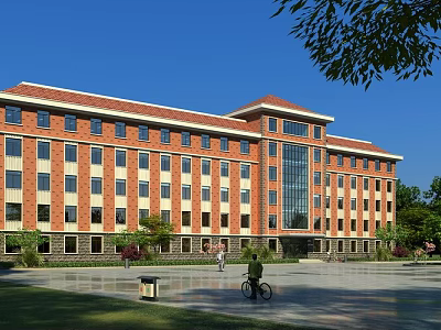 Red Brick Office Building With Multiple Windows Front Plaza Green Plants And Blue Sky 3d model
