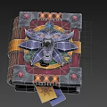 Fantasy Book Cover With Wolf Head Emblem Golden Strap Red Gems And Colorful Runes