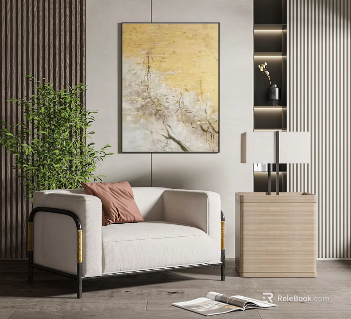 Light Colored Single Sofa with Pink Cushion Wooden Side Table Table Lamp and Abstract Painting 3d model 