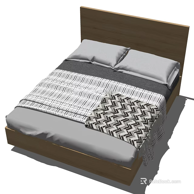 Double Bed with Wooden Headboard and Two Pillows Striped Blanket and Zigzag Pattern Throw 3d model