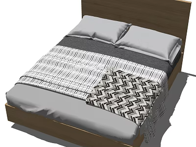 Double Bed with Wooden Headboard and Two Pillows Striped Blanket and Zigzag Pattern Throw 3d model