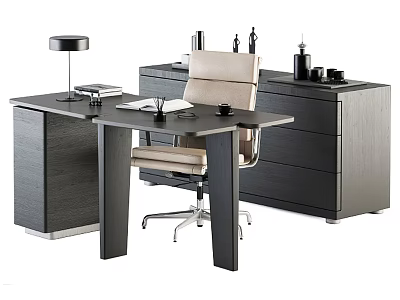 Modern Office Desk Setup With Table Lamp Chair Books And Drawer Cabinet 3d model