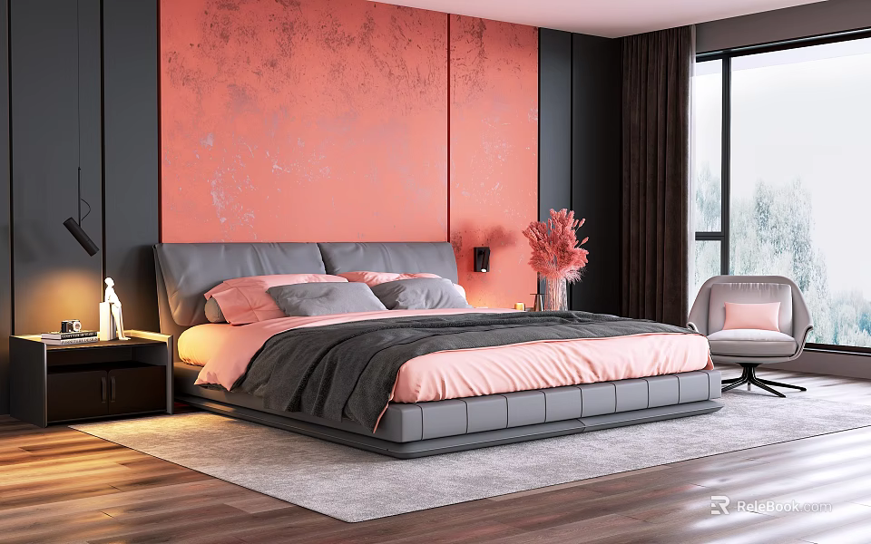 Modern Bedroom Interior With Coral Wall Gray Pink Bed Dark Curtains And Table Lamp Chair 3d model 