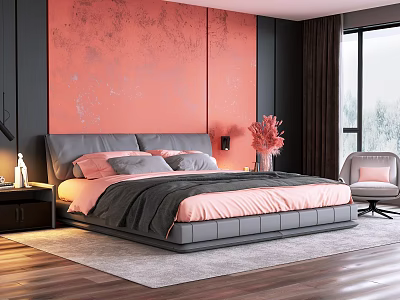 Modern Bedroom Interior With Coral Wall Gray Pink Bed Dark Curtains And Table Lamp Chair 3d model