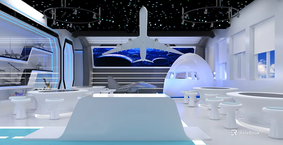 Futuristic Airplane Exhibition Hall Interior With Modern Lighting Display Stands And Background Screen 3d model 