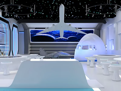 Futuristic Airplane Exhibition Hall Interior With Modern Lighting Display Stands And Background Screen 3d model