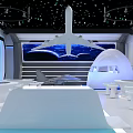 Futuristic Airplane Exhibition Hall Interior With Modern Lighting Display Stands And Background Screen