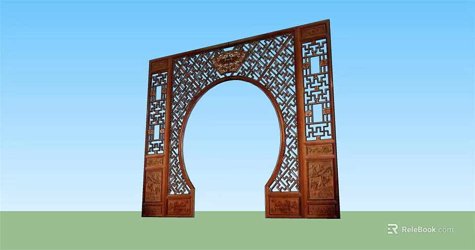 Chinese Style Wooden Archway With Intricate Carved Lattice And Symmetrical Design 3d model 
