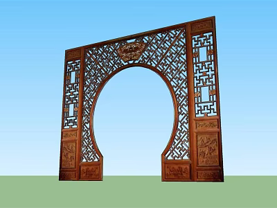 Chinese Style Wooden Archway With Intricate Carved Lattice And Symmetrical Design 3d model