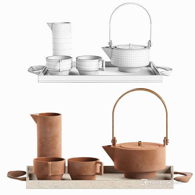 Clay Teapot And Teacups Set With Serving Tray For Traditional Tea Service 3d model 