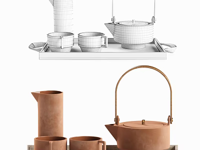 Clay Teapot And Teacups Set With Serving Tray For Traditional Tea Service 3d model