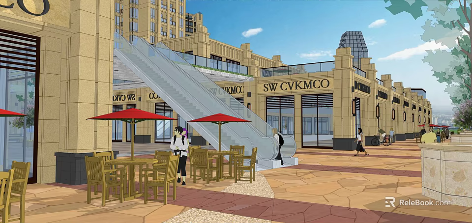 Modern Commercial Street With Outdoor Seating Red Umbrellas Shops And Pedestrians 3d model 