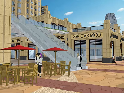 Modern Commercial Street With Outdoor Seating Red Umbrellas Shops And Pedestrians 3d model