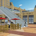 Modern Commercial Street With Outdoor Seating Red Umbrellas Shops And Pedestrians