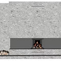 Gray Textured Background Wall Design With Central Fireplace Burning Fire And Wood Logs
