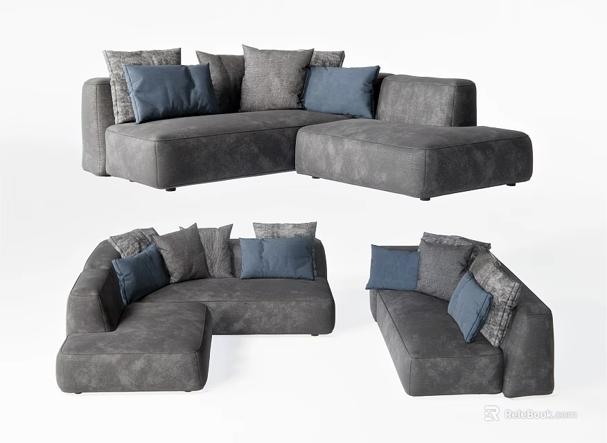 Gray Sectional Sofa with Blue and Gray Cushions in Multiple Views 3d model