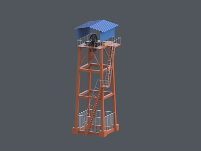 Industrial Tower Equipment with Blue Roof Metal Frame Staircase Safety Guardrails and Structural Design 3d model