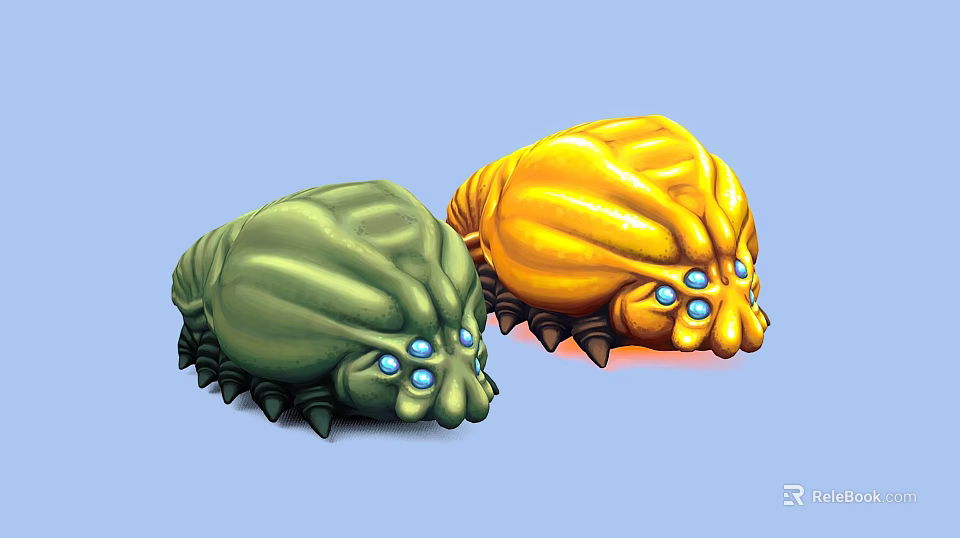Green And Yellow Alien Creatures With Big Blue Eyes And Spiky Legs 3d model 