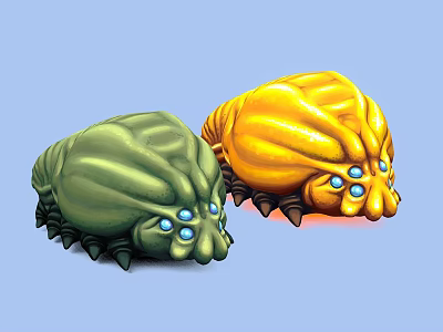 Green And Yellow Alien Creatures With Big Blue Eyes And Spiky Legs 3d model