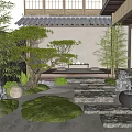 Traditional Japanese Courtyard Garden With Stone Steps Moss Bamboo And Illuminated Lanterns