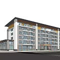 Modern Multi story Sales Office Building Exterior With Green Trees And Parking Lot