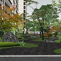Tranquil Garden Landscape With Tall Trees Lush Lawn Stone Pathway And Outdoor Seats